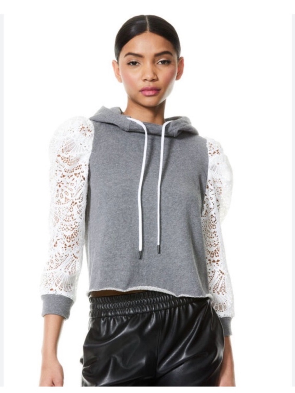Alice + Olivia Gray Hoodie with White Lace Sleeves